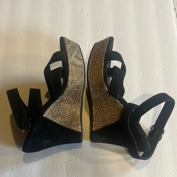 UGG Ariah Black suede w Nubick snake Gold heels Wedge Sandals wrap around ankle - Picture 2 of 9